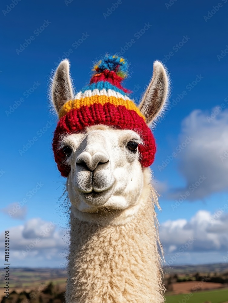 Obraz premium Playful llama wearing colorful hat scenic landscape animal photography bright blue sky close-up perspective fun concept