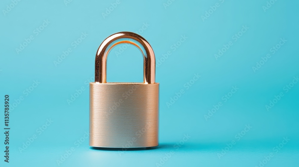Secure golden padlock on blue background still life modern minimalist emphasizing security concept Secure golden padlock on blue background still life modern minimalist emphasizing security concept