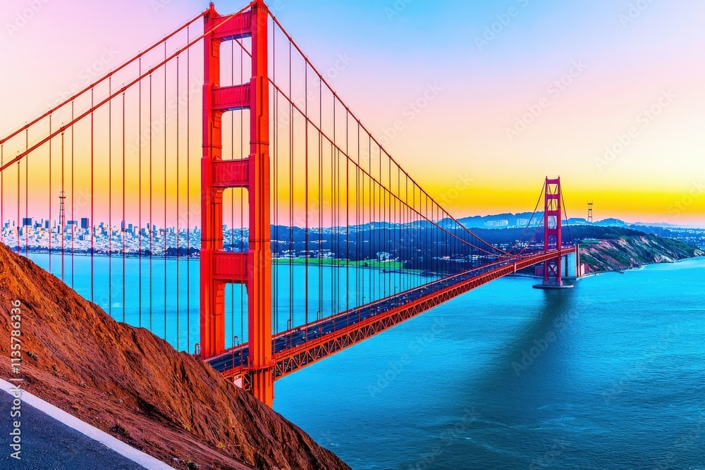Obraz premium Golden Gate Bridge Sunset View San Francisco Travel Destination Landscape Photography Vibrant Colors Serene Environment