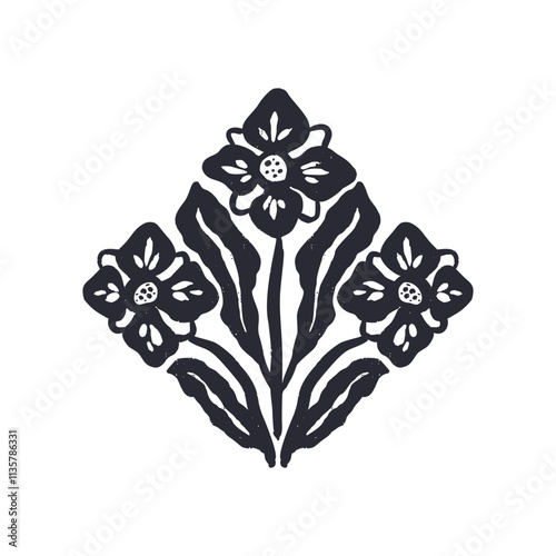 Black and white minimal abstract inky flowers symmetrical composition silhouette. Monochrome sketchy textured loose floral doodle. Hand drawn botanical abstraction