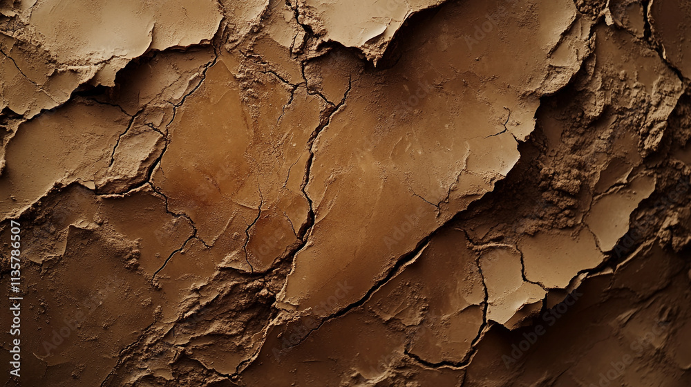 Cracked clay surface reveals intricate textures in warm earth tones