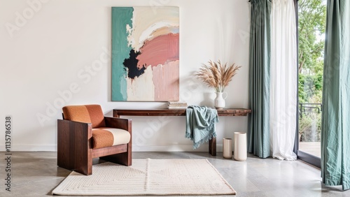 Generative AI, Minimalist Modern Interior with Wooden Lounge Chair and Abstract Art photo