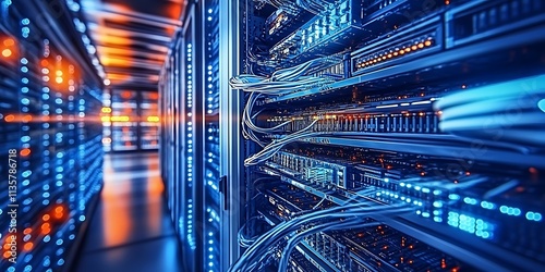 Server Room Infrastructure A Glimpse into the Network's Backbone - Close-up of Cable Management and Connections in a Modern Data, Generative Ai