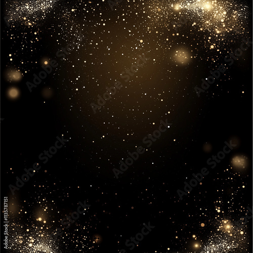 Festive vector background with gold glitter and confetti for Christmas celebration. Black background with glowing golden particles.