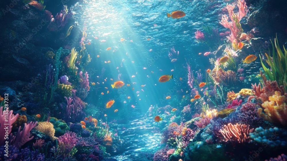 Underwater coral reef with sunbeams and schools of fish. Underwater coral reef with sunbeams and schools of fish.