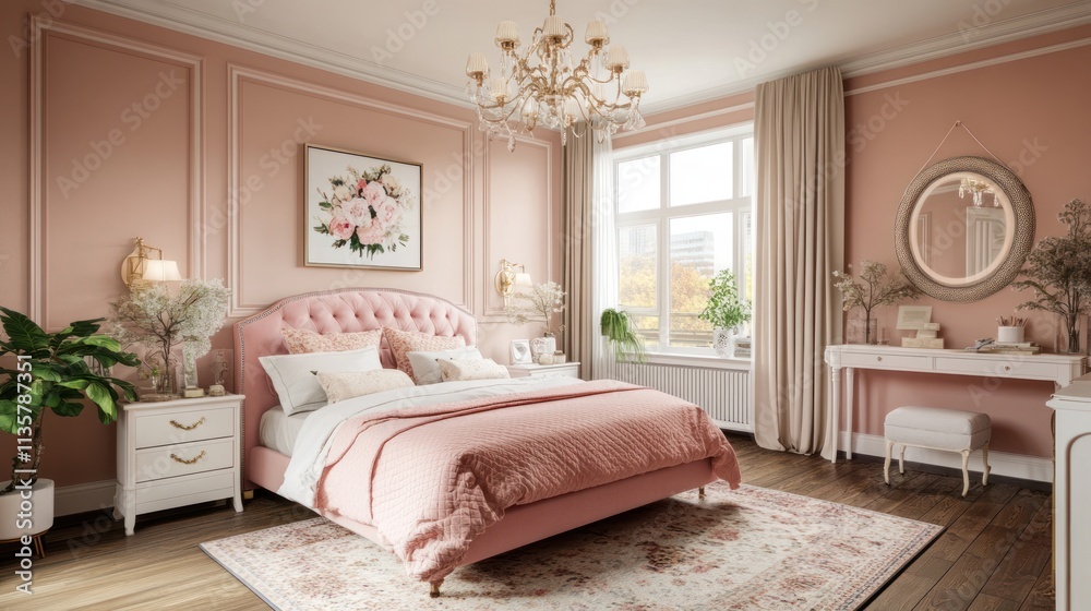 Fototapeta premium Elegant pink bedroom with large bed, chandelier, and vanity.