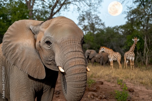 Wildlife Safari Adventure in Africa Majestic Elephants and Giraffes Under the Moonlight Unforgettable Travel Destination Experience photo