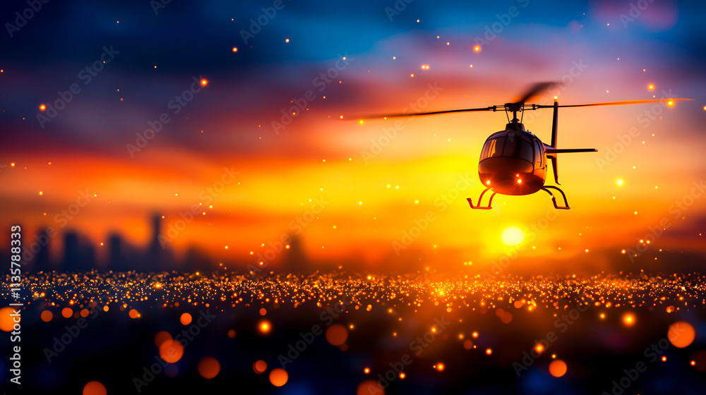 Naklejka premium Helicopter Flying Against Colorful Sunset Over City Skyline