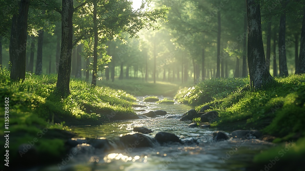 Sunbeams Through Trees Illuminating River in Forest - Tranquil Nature Scene. Sunbeams Through Trees Illuminating River in Forest - Tranquil Nature Scene.