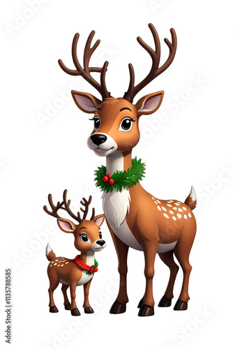 A reindeer and her fawn. both adorned with festive garlands. stand side by side against a bright white background.