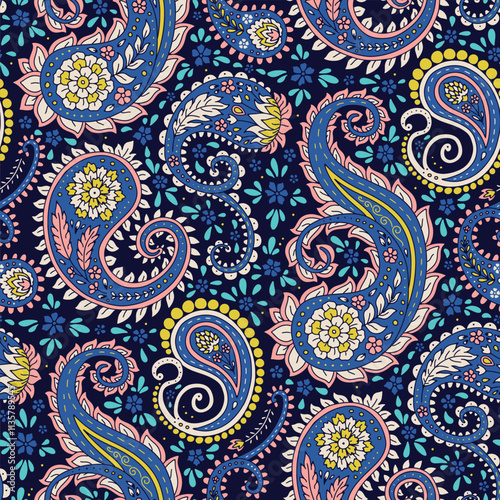 Seamless pattern with blue Paisley motifs. Traditional indian repeat design.