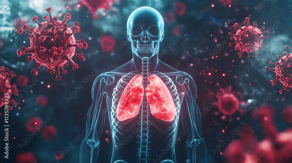 A digital illustration showing a human figure with highlighted lungs, surrounded by virus particles, symbolizing respiratory health and disease. A digital illustration showing a human figure with highlighted lungs, surrounded by virus particles, symbolizing respiratory health and disease.