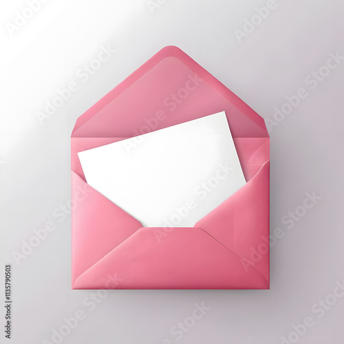 Illustration of an open pink envelope with blank white paper isolated on a transparent background