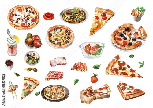 Pizza, Italian Food, Watercolor Illustration, Menu Design