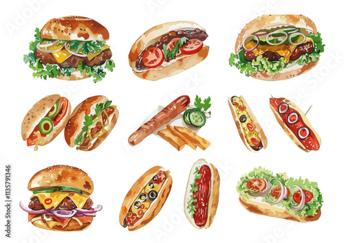 Fast Food Collection, Burgers and Hot Dogs. Watercolor Illustrations