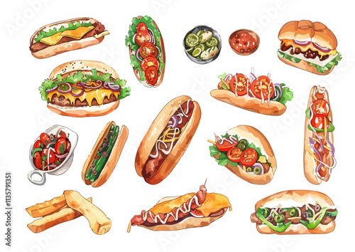 Fast Food Collection, Burgers and Hot Dogs. Watercolor Illustrations