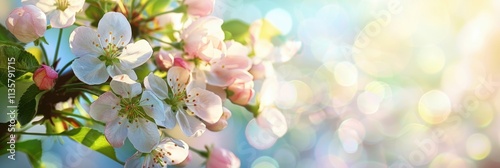 Spring Apple Blossoms Against a Blue Sky Background with Bokeh: Perfect for Fresh and Vibrant Seasonal Designs