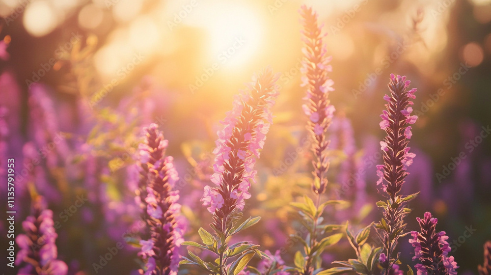 Obraz premium Vibrant lavender blooms basking in golden sunlight during a serene evening in nature