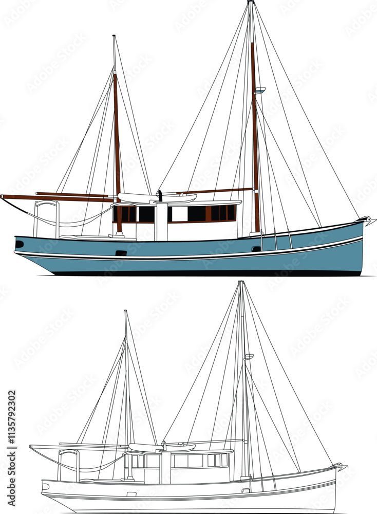 Fototapeta premium Fishing Boat Vector and Line Art