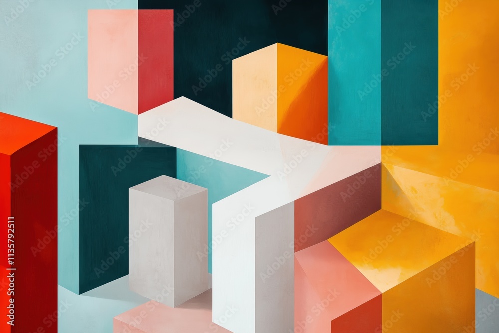 Abstract 3D geometric shapes in vibrant red, teal, and yellow hues creating a modern composition Abstract 3D geometric shapes in vibrant red, teal, and yellow hues creating a modern composition