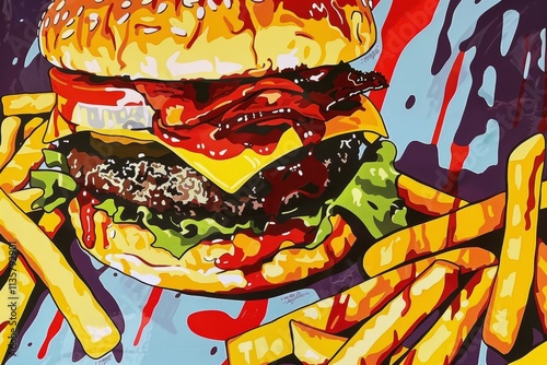 A close-up, colorful illustration of a cheeseburger and fries, with a pop art style A colorful and vibrant depiction of a classic burger and fries combo photo