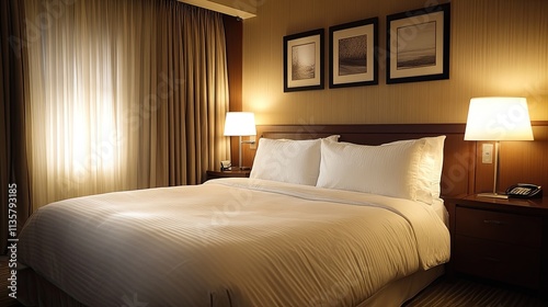 a minimalist bedroom with a neatly made bed, soft white linens, and a small bedside table with a lamp. 