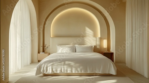 a minimalist bedroom with a neatly made bed, soft white linens, and a small bedside table with a lamp. 