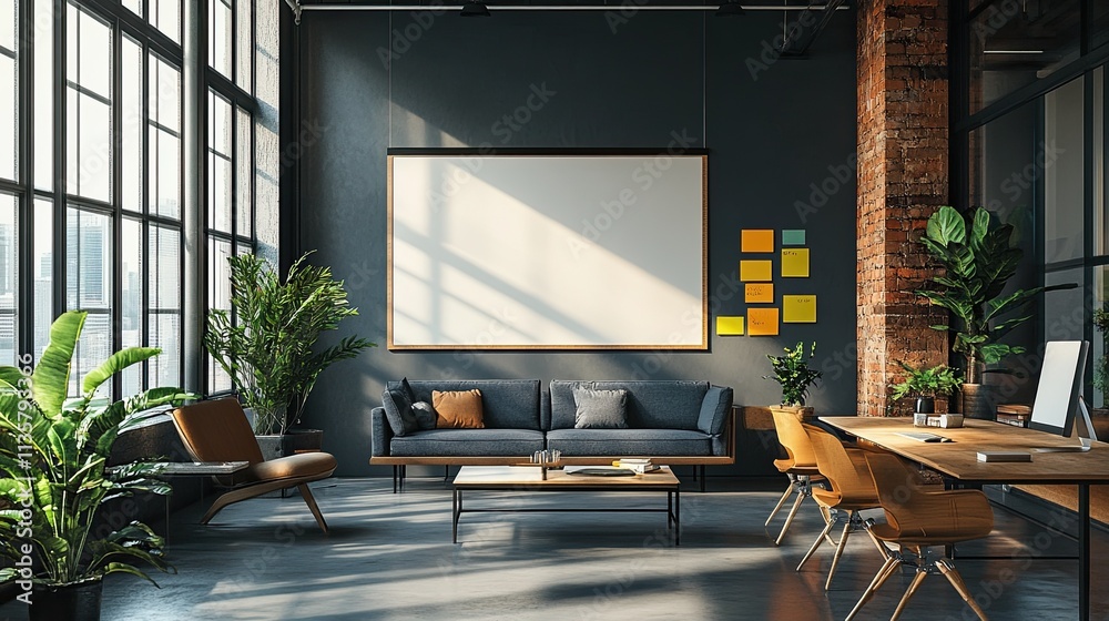 a minimalist studio office for a creative business, with large whiteboards and colorful sticky notes a minimalist studio office for a creative business, with large whiteboards and colorful sticky notes