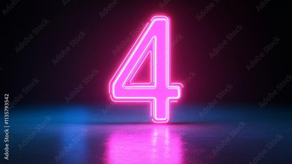 Neon number four glowing brightly in a dark space Neon number four glowing brightly in a dark space