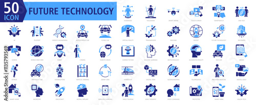 Future Technology Icon Set Color Fill with Humanoid, Hologram, Smart Drone, Touch Screen, Smartwatch, DNA Test, AI, Teleport, Genetic Engineering and Autonomous Car