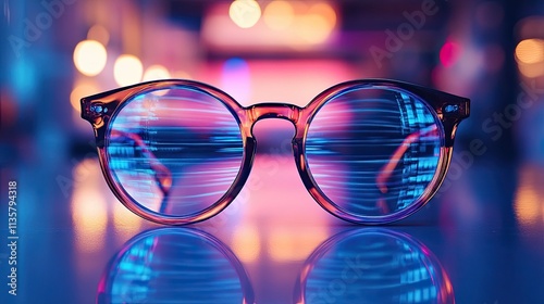 a pair of glasses with prank lenses that create a distorted view, placed on a reading table photo