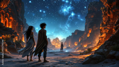 Magical scenes from the Alaa Eldin tale with glowing lamps, palaces, and genies, enchanting moments from Alaa Eldin's story featuring mystical adventures and vibrant, dreamlike imagery.