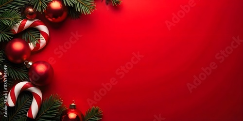 Merry Christmas and happy New Year background, Christmas baubles, candies and tree branches on red background with copy space for greeting card