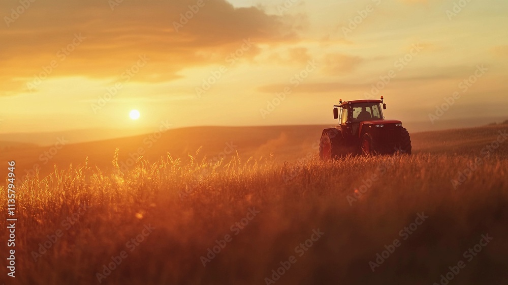 Tractor working in golden fields at sunset near a distant horizon. Generative AI Tractor working in golden fields at sunset near a distant horizon. Generative AI
