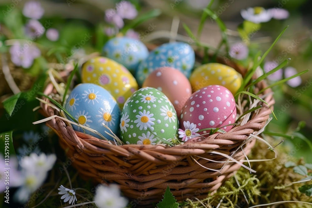 Colorful Easter eggs in a wicker basket surrounded by spring flowers A colorful assortment of Easter eggs nestled in a woven basket Colorful Easter eggs in a wicker basket surrounded by spring flowers A colorful assortment of Easter eggs nestled in a woven basket