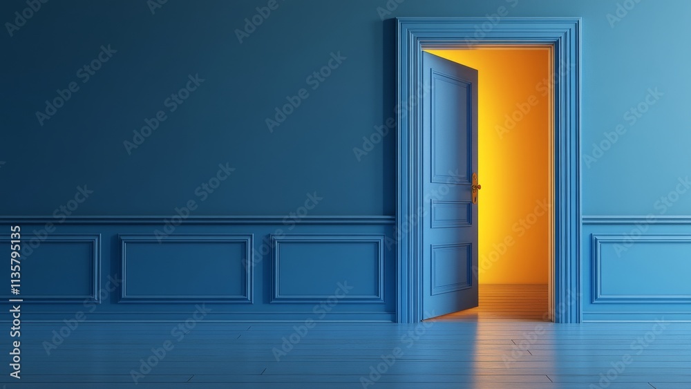 Bright doorway in a blue wall room invites exploration and curiosity Bright doorway in a blue wall room invites exploration and curiosity