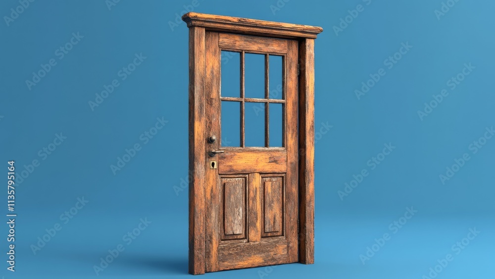 Wooden door with glass panels against a blue background Wooden door with glass panels against a blue background