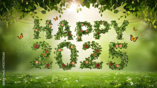 Happy 2025 text made of vibrant green leaves and flowers in a natural setting perfect for eco friendly designs and nature inspired celebrations photo