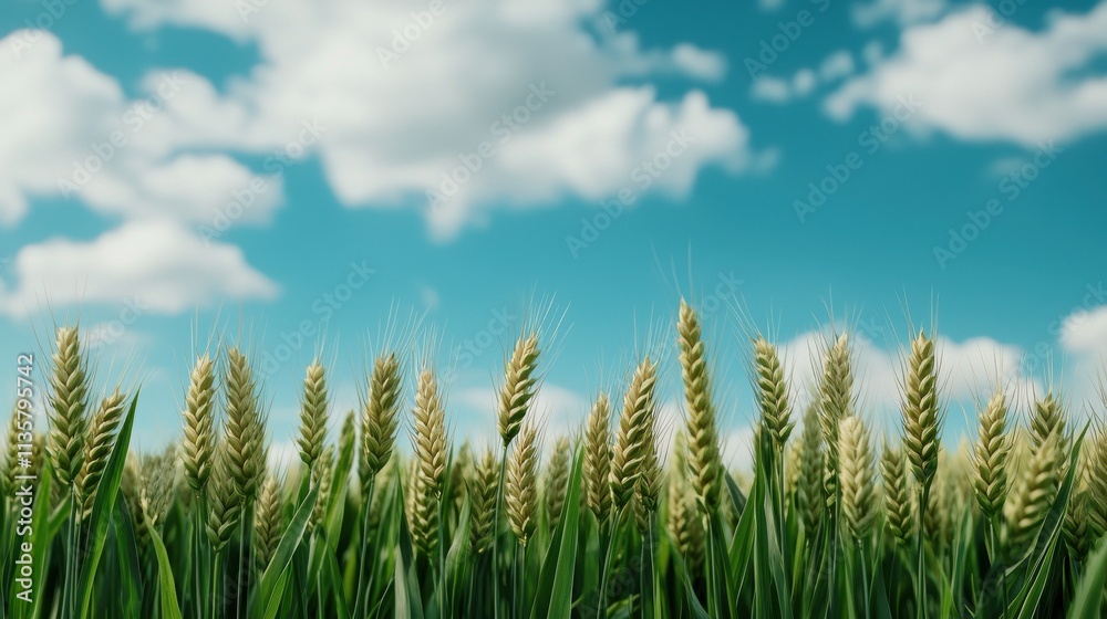 Wheat field under a blue sky with fluffy clouds. Wheat field under a blue sky with fluffy clouds.