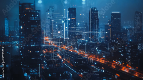 Wallpaper Mural Smart digital Innovation city with connection network reciprocity over the cityscape. of future smart wireless digital city and social media networking systems that connects people with in city Torontodigital.ca