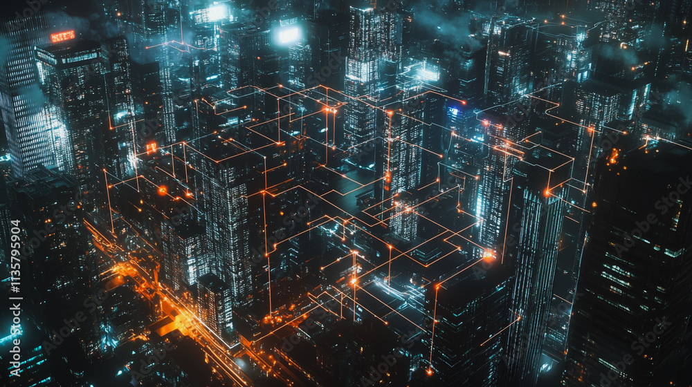 Obraz premium Smart digital Innovation city with connection network reciprocity over the cityscape. of future smart wireless digital city and social media networking systems that connects people with in city