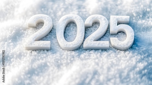 Large white numerals indicate the year 2025, surrounded by a blanket of fresh snow. This winter setting captures the essence of a new year ahead, calm and serene.