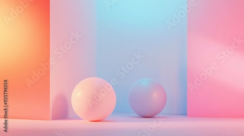 Minimalist space with pastel spheres and gradient walls, created by AI