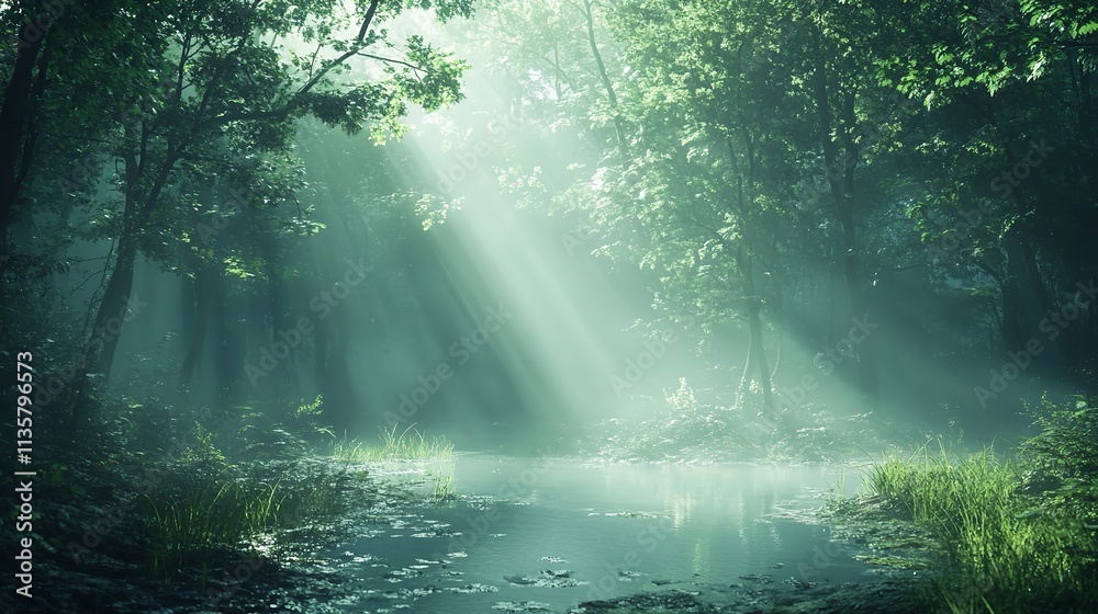 Mystical Morning in Enchanted Forest Clearing with Dewy Grass and Wildflowers Mystical Morning in Enchanted Forest Clearing with Dewy Grass and Wildflowers