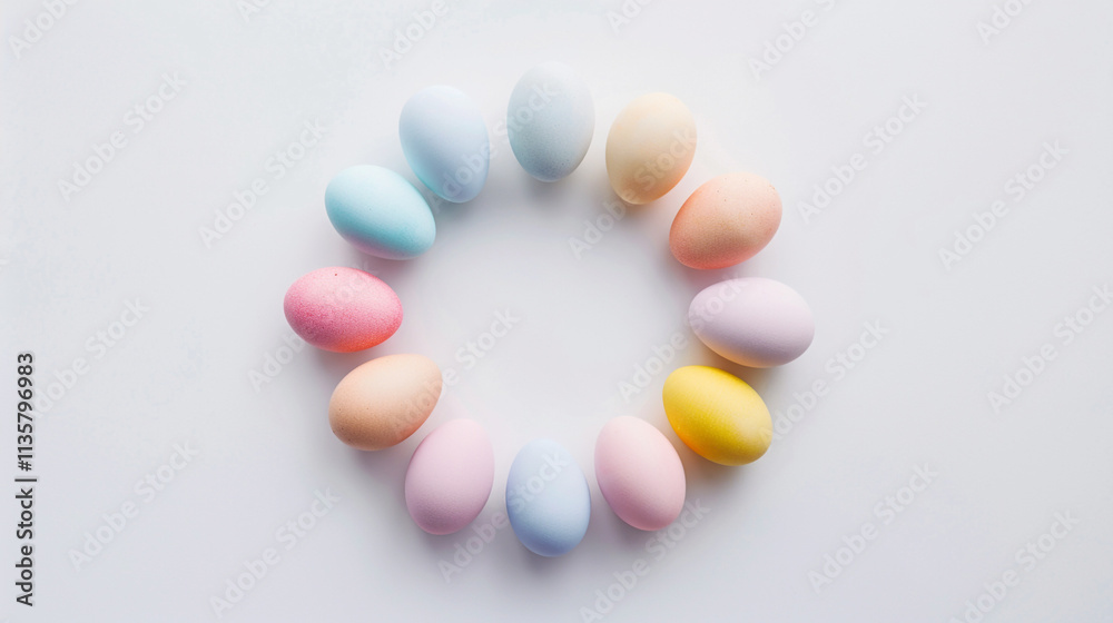 Pastel painted eggs placed in a circular frame Pastel painted eggs placed in a circular frame