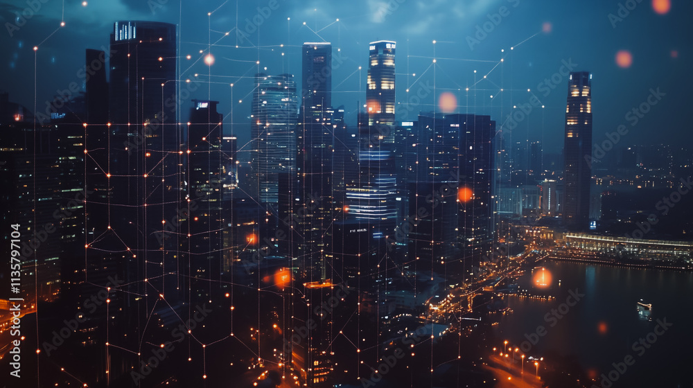 Fototapeta premium Smart digital Innovation city with connection network reciprocity over the cityscape. of future smart wireless digital city and social media networking systems that connects people with in city