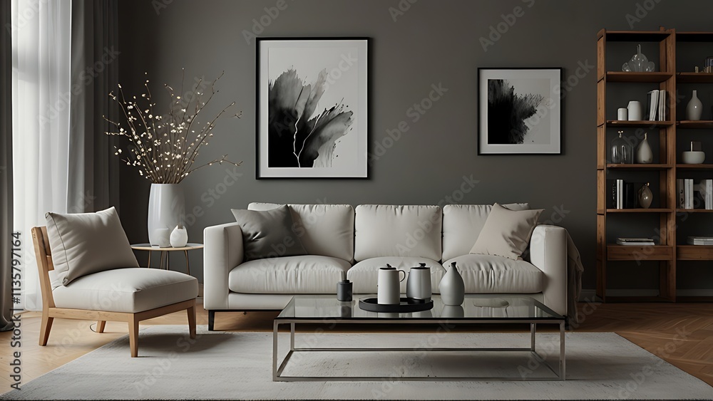 Interior design of living room interior with mock up poster frame, white sofa, modern pouf, glass coffee table, vase with branch, stylish rack and silver personal accessories. Home decor. Template Interior design of living room interior with mock up poster frame, white sofa, modern pouf, glass coffee table, vase with branch, stylish rack and silver personal accessories. Home decor. Template