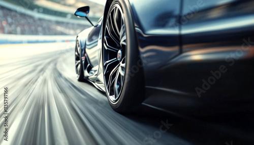 A supercar wheel spinning at high speed with motion blur and dynamic action, a close-up of a racing car wheel showcasing power, speed, and precision engineering in motion. photo