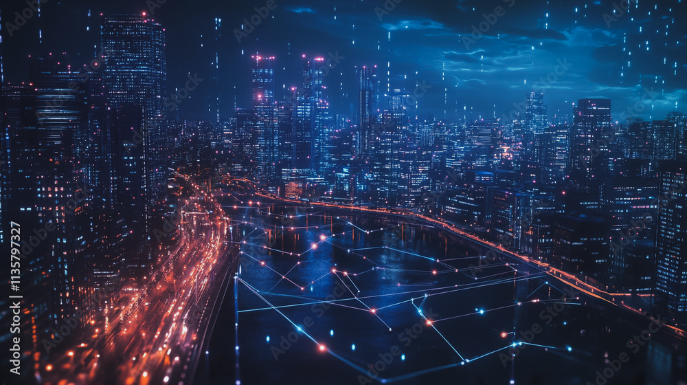 Fototapeta premium Smart digital Innovation city with connection network reciprocity over the cityscape. of future smart wireless digital city and social media networking systems that connects people with in city