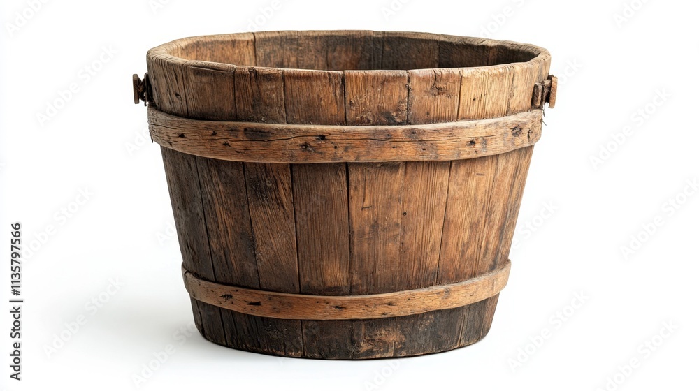 A weathered wooden bucket with natural grain textures, featured in an outdoor setting but focused on a white background. A weathered wooden bucket with natural grain textures, featured in an outdoor setting but focused on a white background.
